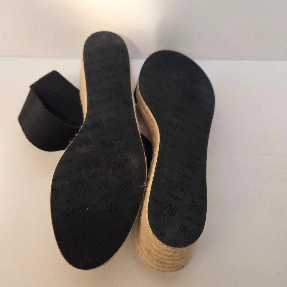 Pelle Moda Womens Black Suede Espadrille Wedge Sandals Elastic Ankle Strap 10M